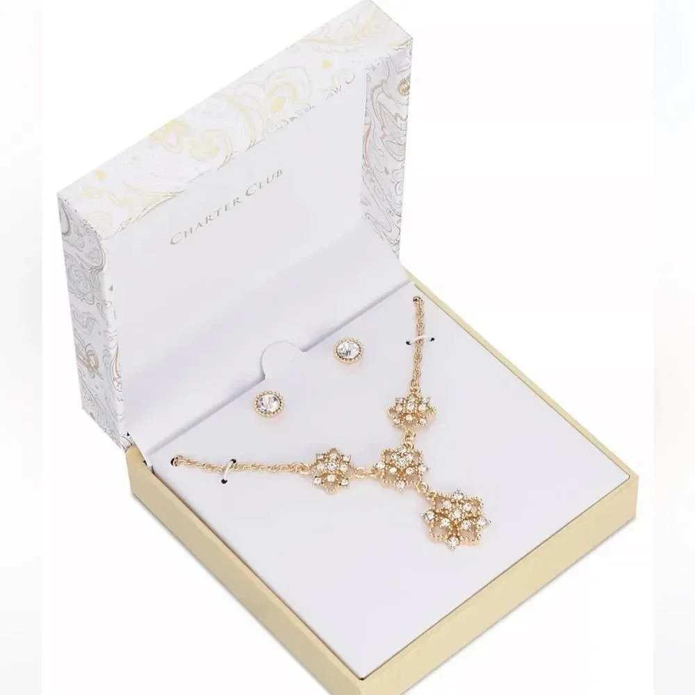 Charter Club Gold-Tone Crystal Flower Lariat Necklace & Stud Earrings Set NWT